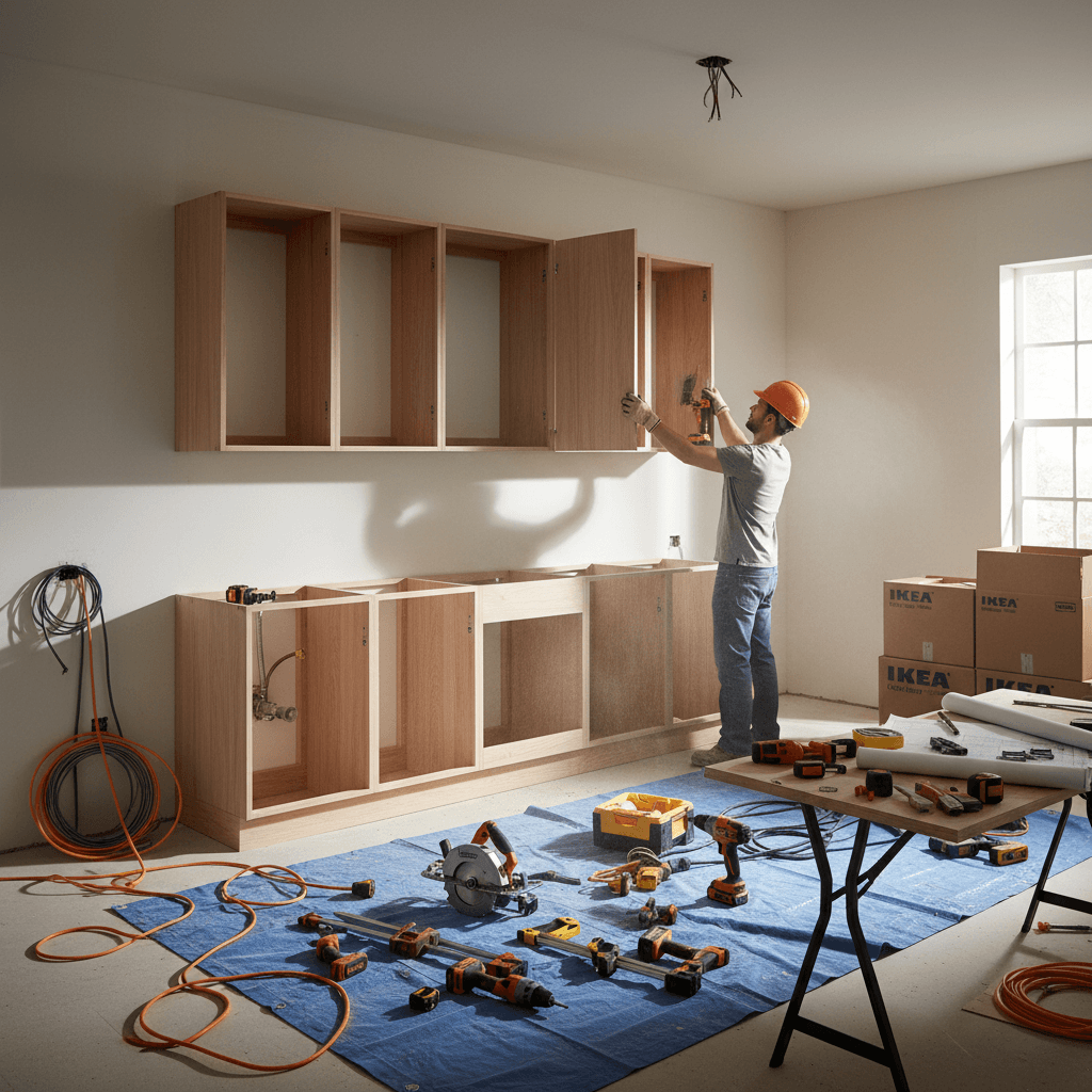 Kitchen fitting in progress with cabinetry installation and professional tools