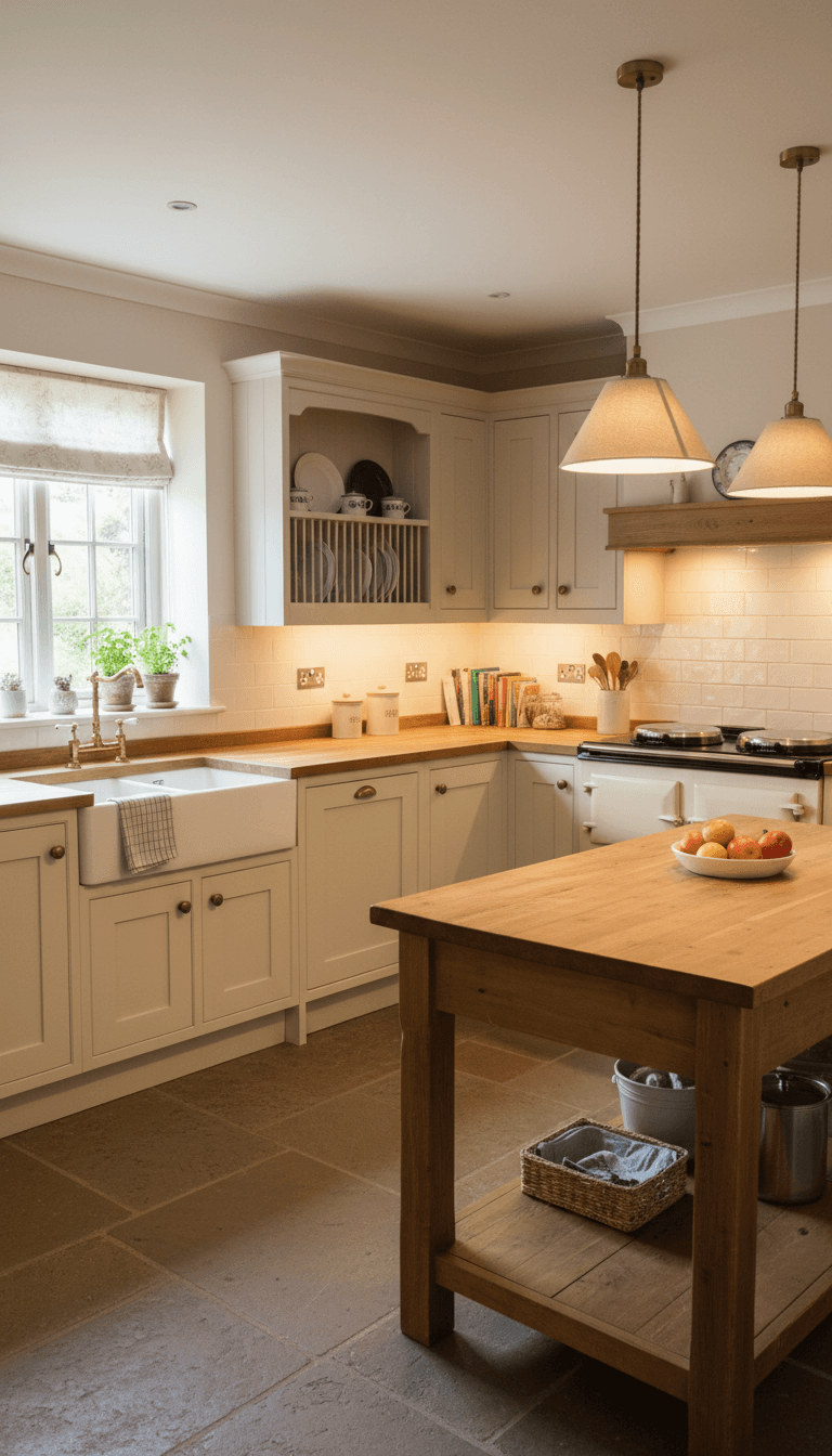 Traditional kitchen with cream painted units and wooden worktops