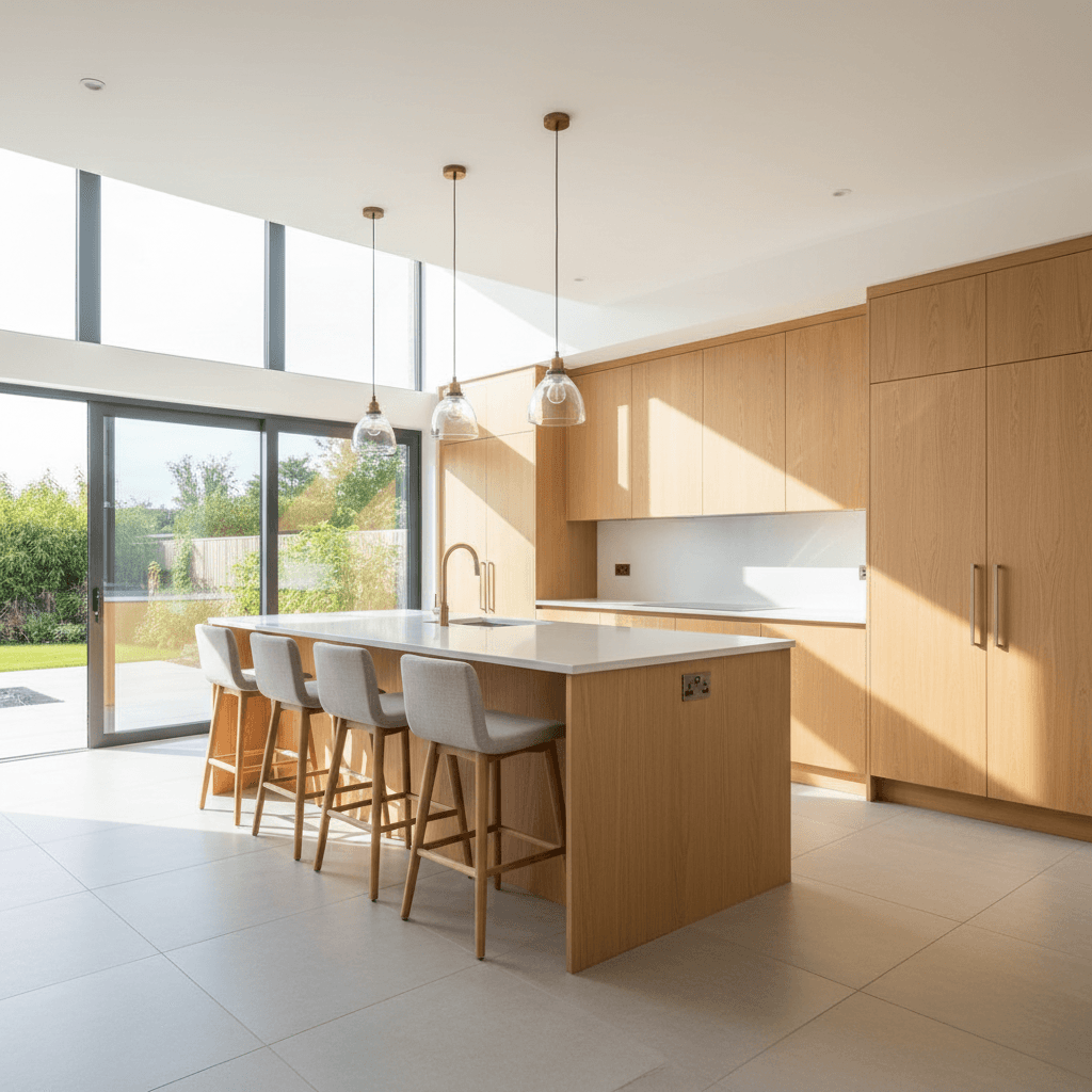 Open plan kitchen with light oak cabinetry and breakfast bar