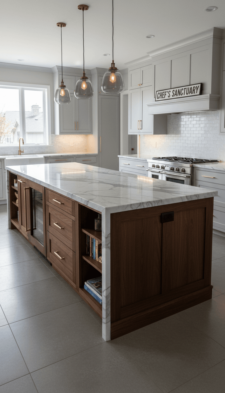 Kitchen with island counter and custom storage solutions