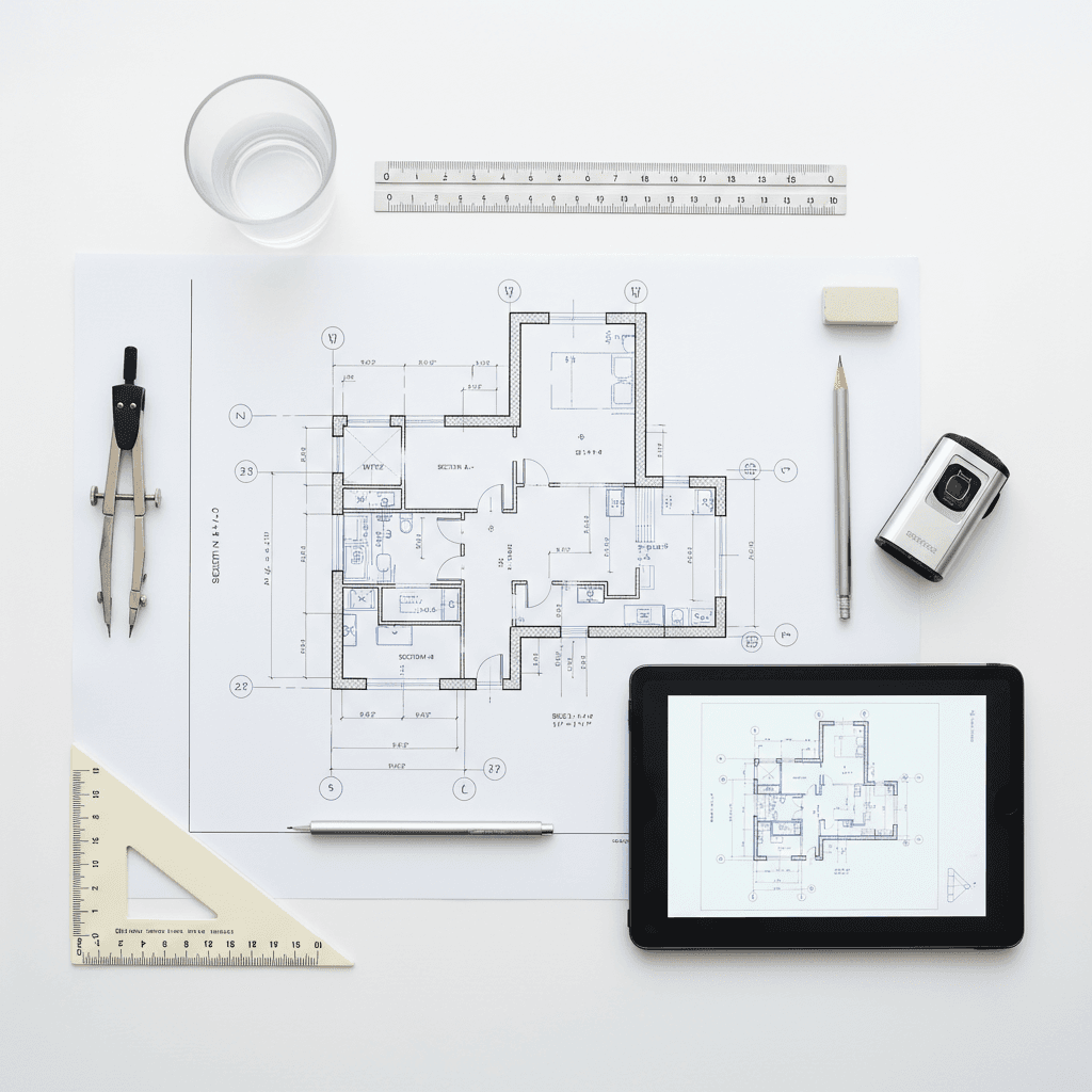 Overhead view of architectural drawing with drafting tools, tablet, ruler, and compass on clean white workspace