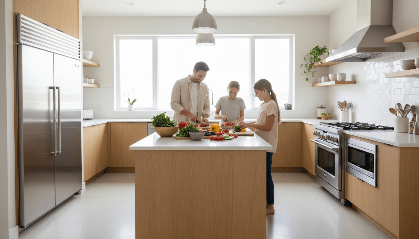 Modern kitchen with white cabinets and stainless steel appliances