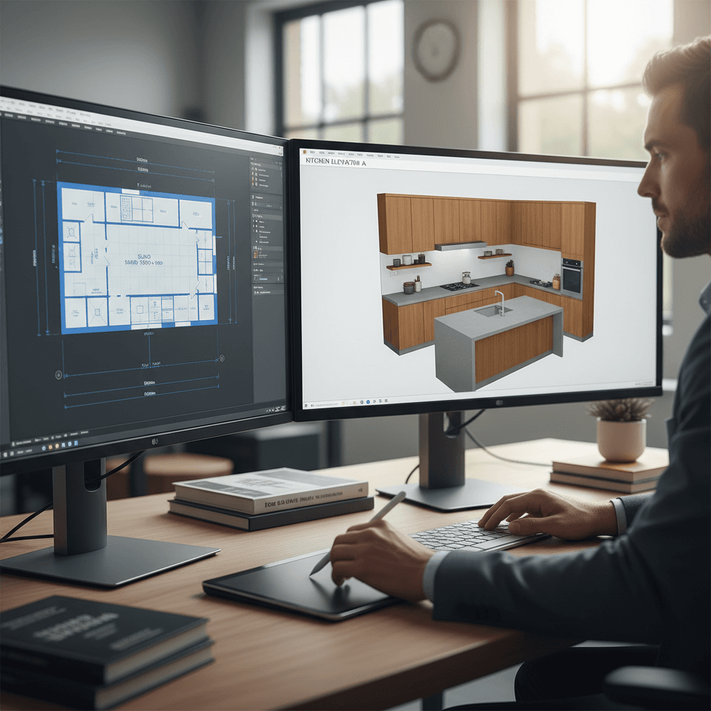 Designer reviewing detailed CAD kitchen floor plan and 3D elevation on dual monitors at professional workstation