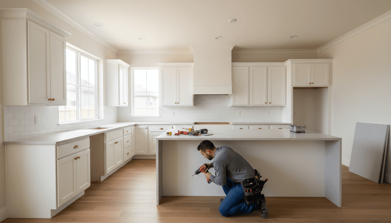 Professional kitchen renovation showing fitted cabinetry and modern design during installation