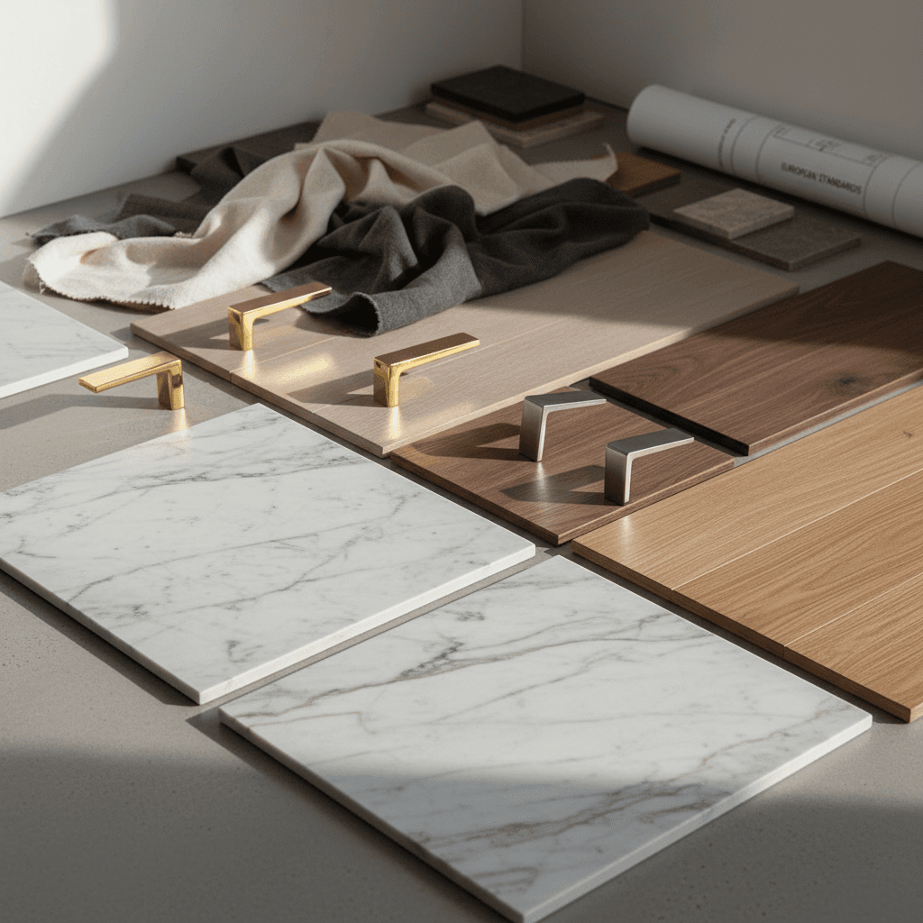 Overhead arrangement of premium construction materials including natural stone, wood, and metal finishes demonstrating luxury residential quality standards