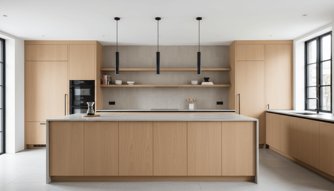 Modern kitchen redesign with light wood island, matte black hardware, minimalist pendant lights, and contemporary appliances