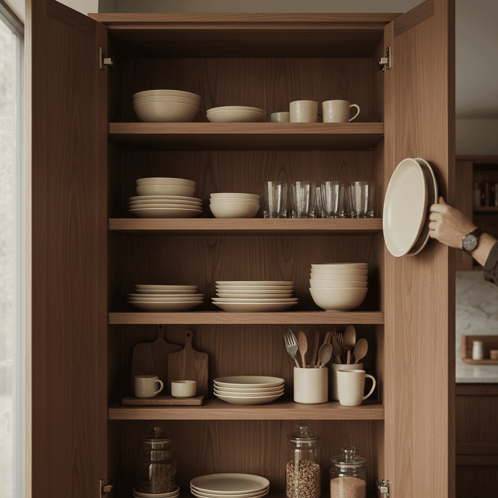 Light wood kitchen with open shelving and bright airy design