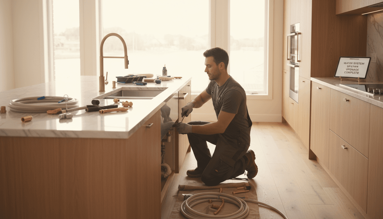 Plumber installing new kitchen fixture during residential upgrade with natural lighting and modern kitchen visible