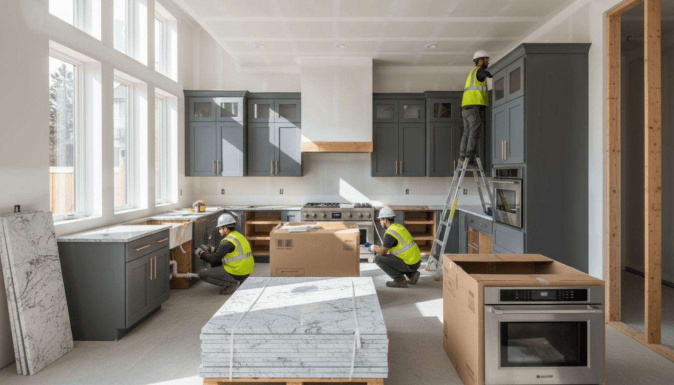 Professional kitchen renovation in progress with multiple workers installing cabinetry, countertops, and appliances