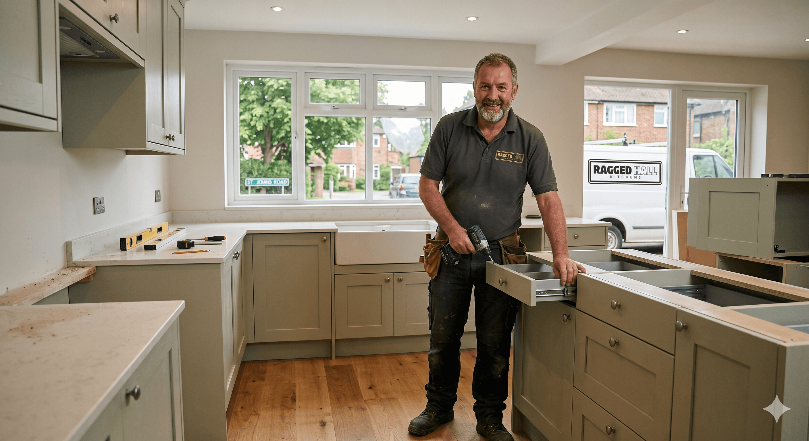 A smiling kitchen fitter installs sage green cabinets and drawers in a bright, modern kitchen.