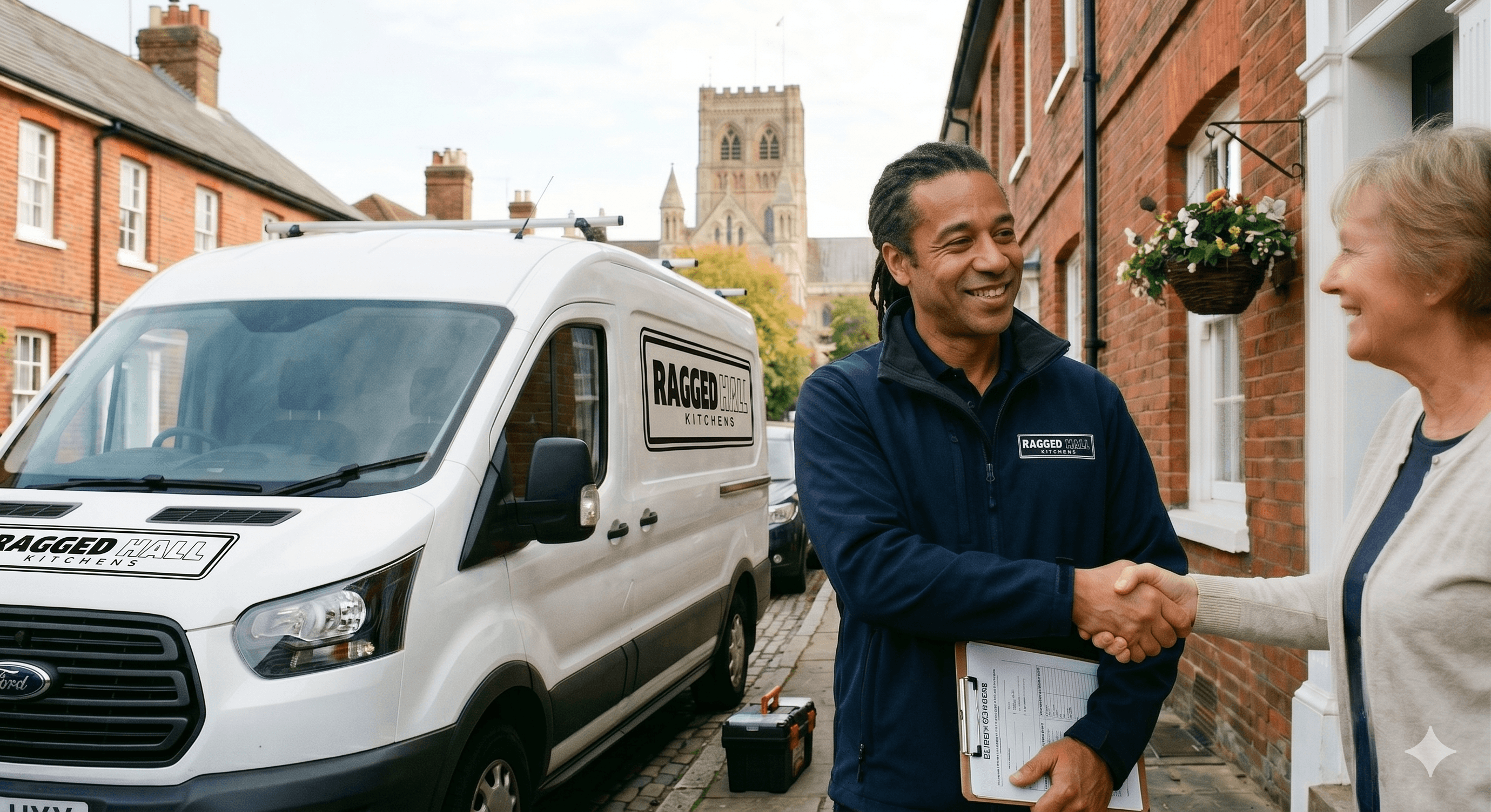 Smiling kitchen contractor shakes hands with a customer outside her home beside his branded van.